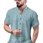 LAMBOO Men's Typography Print Pattern Casual Lycra Regular Slim Fit Short Sleeve Button Up Shirt (in, Alpha, XL, Regular, Light Green)