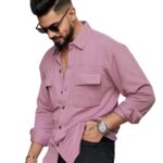 IndoPrimo Men's Regular Fit Fancy Double Pocket Casual Shirt for Men Full Sleeves - Cargo (in, Alpha, L, Regular, Pink)